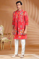 Red Silk Floral Printed Jacket Kurta Set